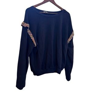 Gold and Silver Woman’s Black Sweatshirt with Colorful Beaded Ruffle Details Med